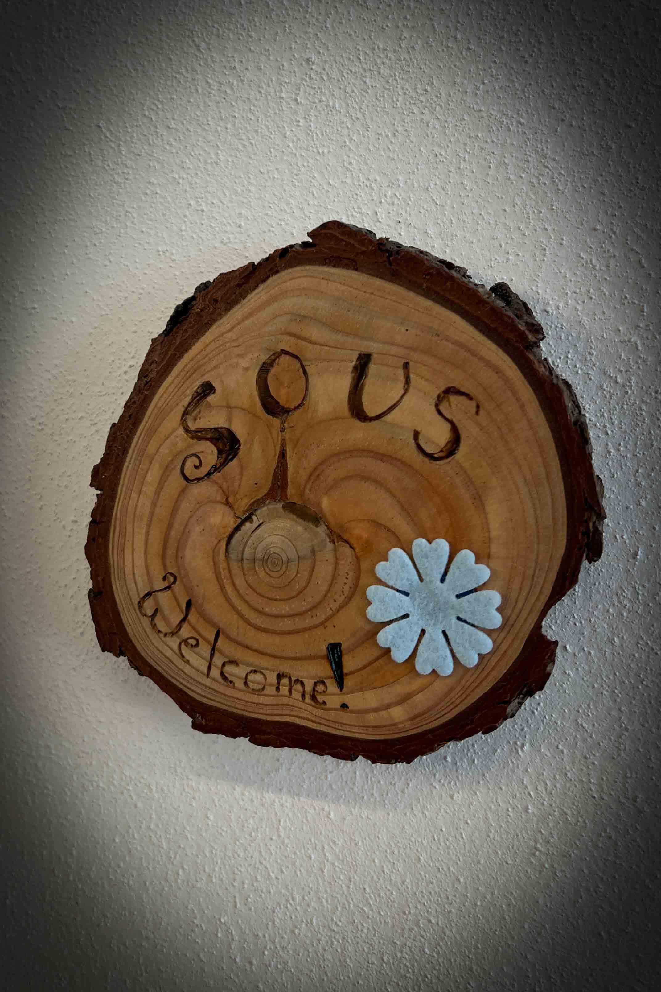 Camera Sous. Cartello ingresso elegante in legno.